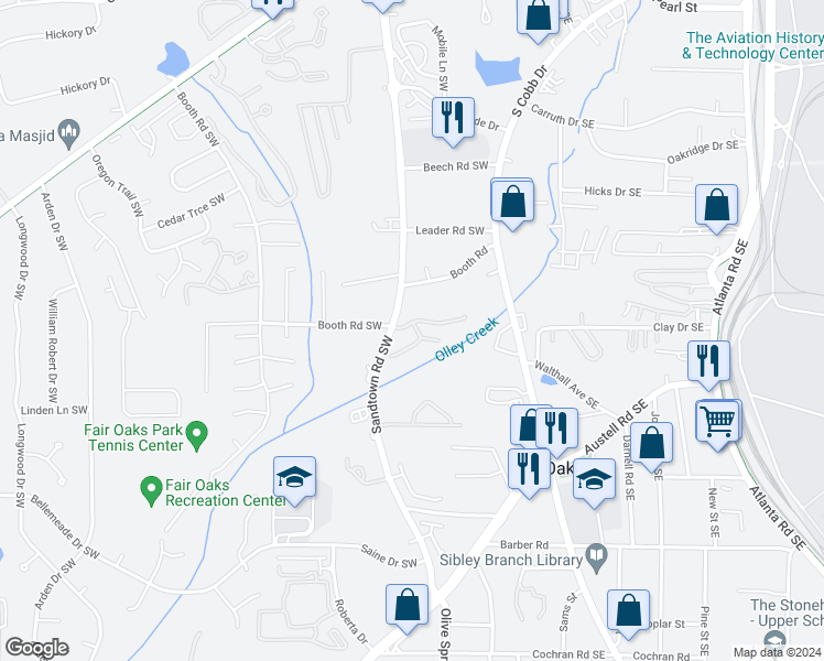 map of restaurants, bars, coffee shops, grocery stores, and more near 1199 Grampian Pass in Marietta