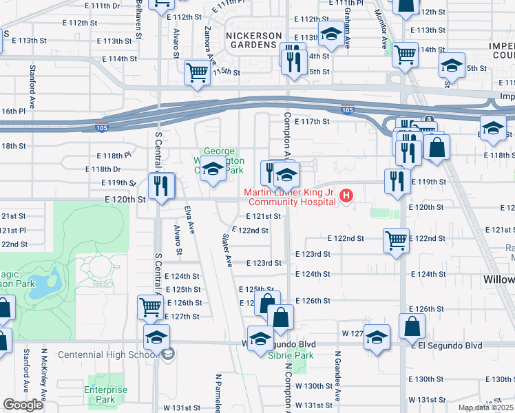 map of restaurants, bars, coffee shops, grocery stores, and more near 1502 East 120th Street in Los Angeles