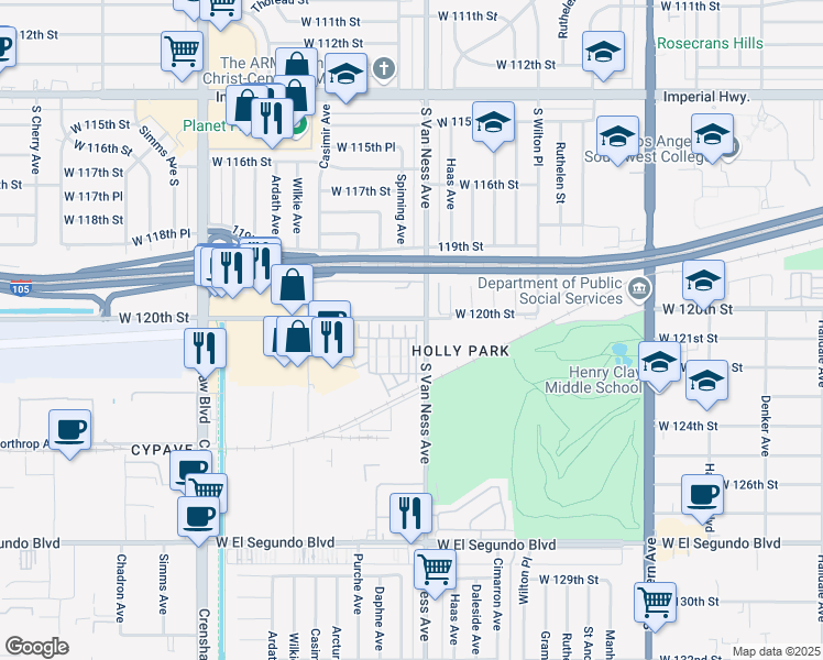 map of restaurants, bars, coffee shops, grocery stores, and more near in Hawthorne