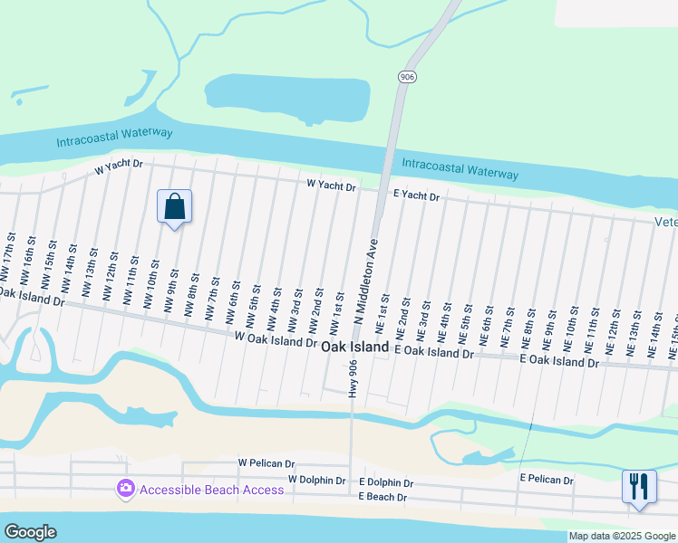 map of restaurants, bars, coffee shops, grocery stores, and more near 142 Northwest 2nd Street in Oak Island