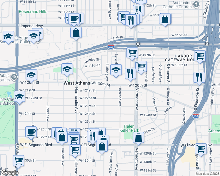 map of restaurants, bars, coffee shops, grocery stores, and more near 1140 West 120th Street in Los Angeles