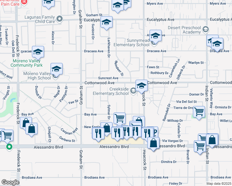 map of restaurants, bars, coffee shops, grocery stores, and more near 23796 Nanwood Drive in Moreno Valley