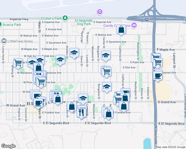 map of restaurants, bars, coffee shops, grocery stores, and more near 828 East Mariposa Avenue in El Segundo