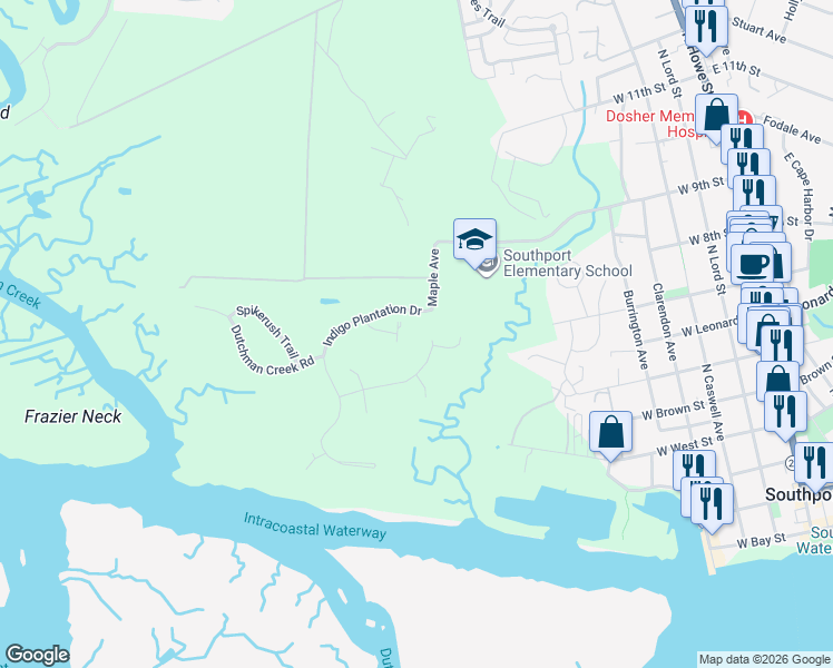 map of restaurants, bars, coffee shops, grocery stores, and more near Indigo Plantation Drive in Southport