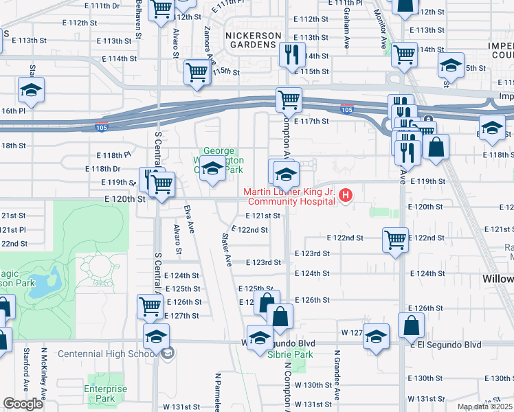 map of restaurants, bars, coffee shops, grocery stores, and more near 1502 East 120th Street in Los Angeles