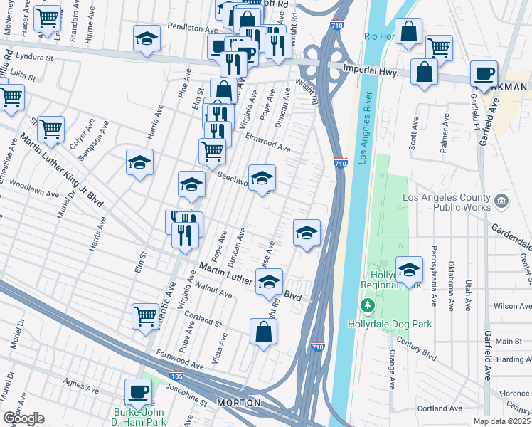 map of restaurants, bars, coffee shops, grocery stores, and more near 11220 Duncan Avenue in Lynwood