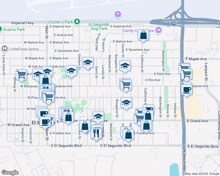 map of restaurants, bars, coffee shops, grocery stores, and more near 828 East Mariposa Avenue in El Segundo