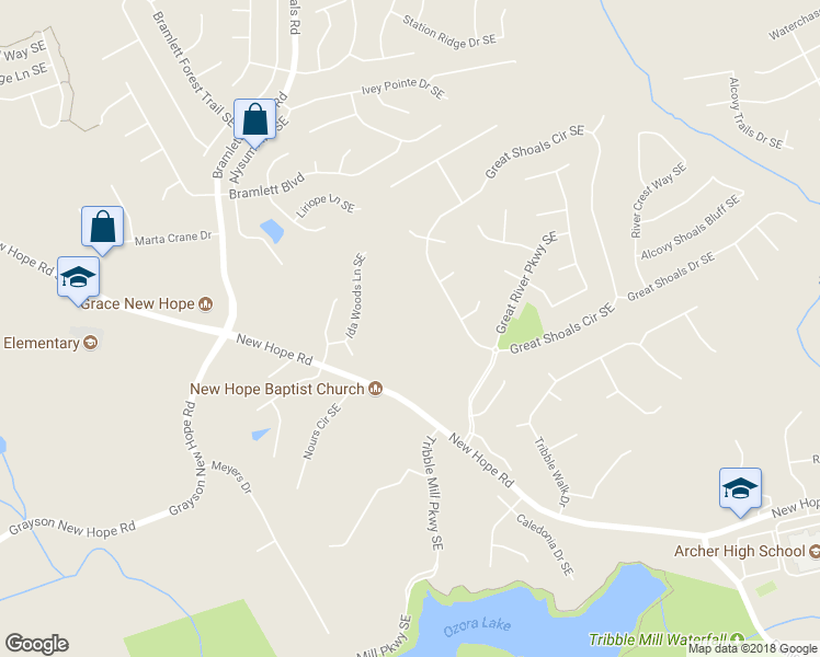 map of restaurants, bars, coffee shops, grocery stores, and more near 1946 New Hope Road in Lawrenceville