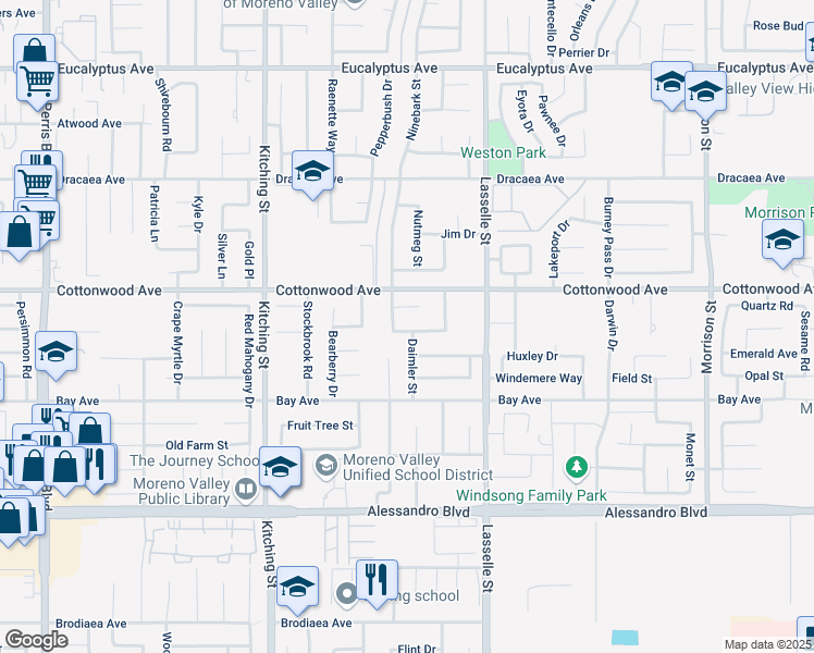 map of restaurants, bars, coffee shops, grocery stores, and more near 25823 Cayenne Court in Moreno Valley