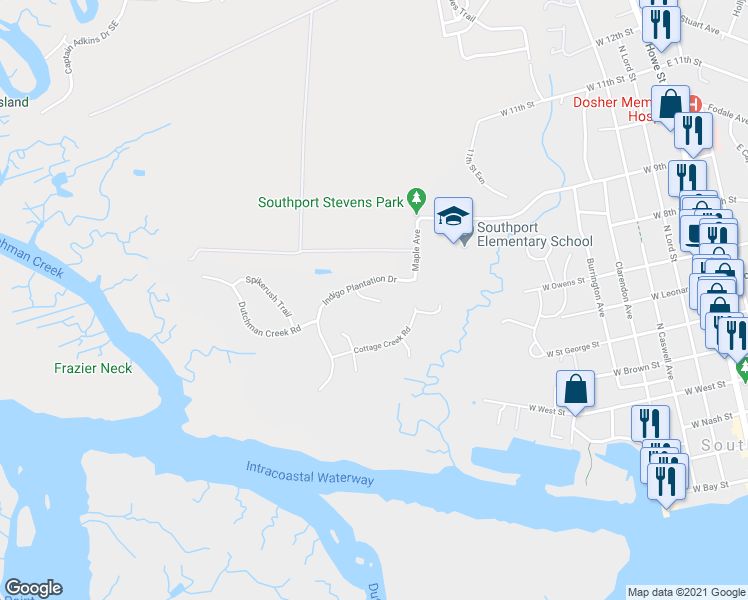 map of restaurants, bars, coffee shops, grocery stores, and more near 744 Indigo Village Court in Southport