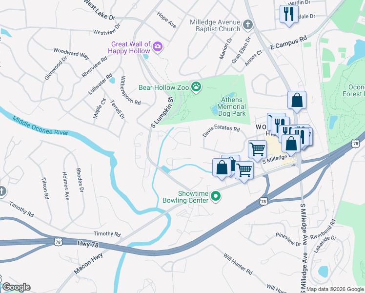 map of restaurants, bars, coffee shops, grocery stores, and more near 127 Oxford Court in Athens