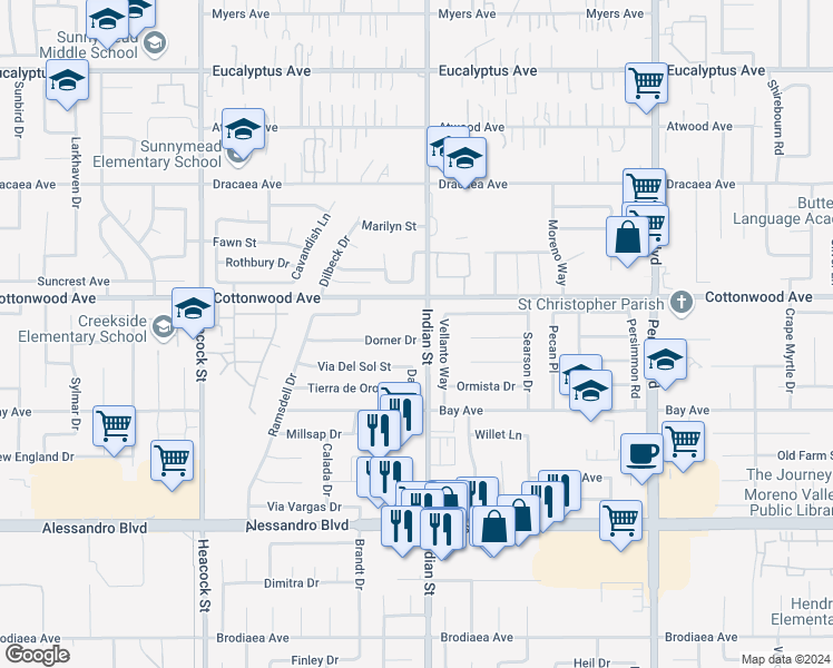 map of restaurants, bars, coffee shops, grocery stores, and more near 24486 Dorner Drive in Moreno Valley