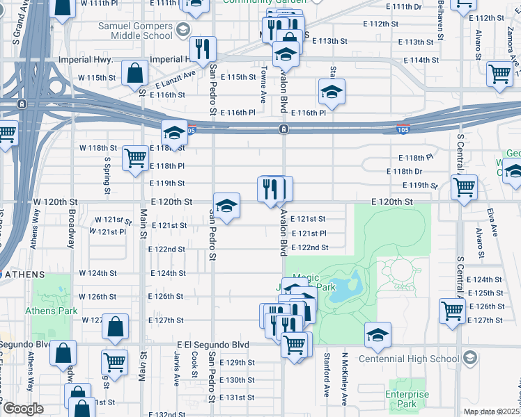 map of restaurants, bars, coffee shops, grocery stores, and more near 418 East 120th Street in Los Angeles