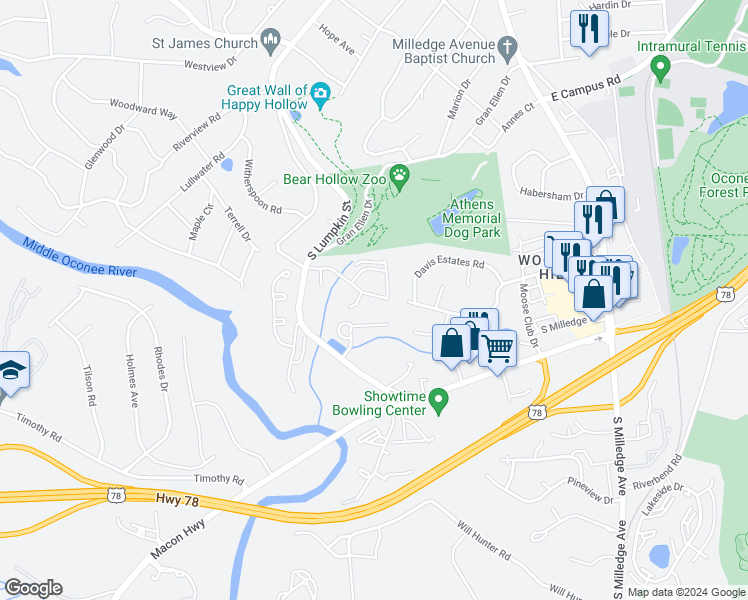 map of restaurants, bars, coffee shops, grocery stores, and more near 252 Sleepy Creek Drive in Athens