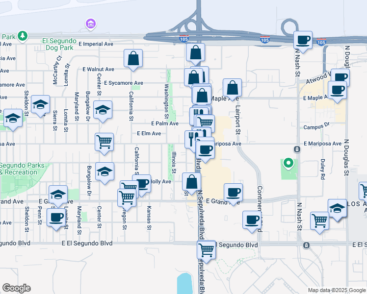 map of restaurants, bars, coffee shops, grocery stores, and more near 1718 East Mariposa Avenue in El Segundo