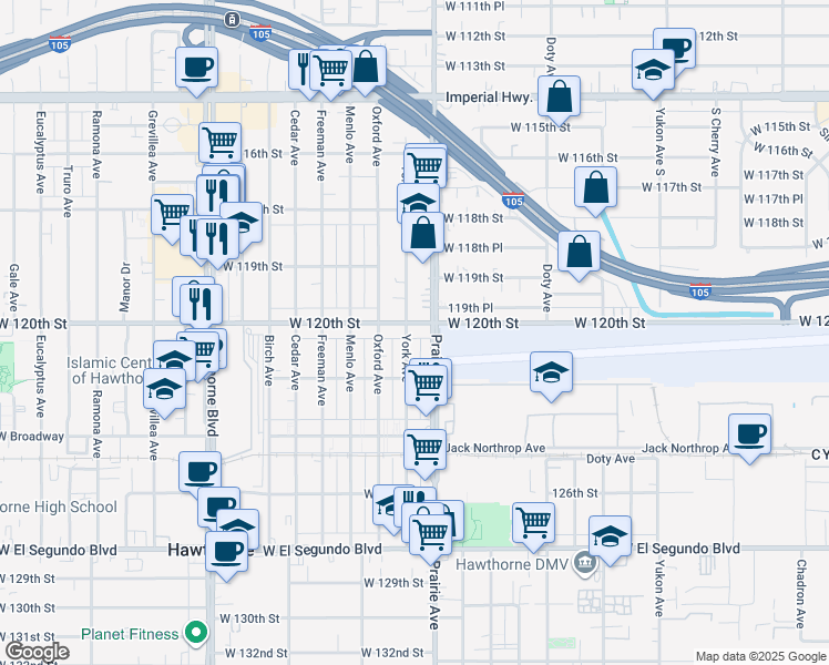 map of restaurants, bars, coffee shops, grocery stores, and more near 4026 West 120th Street in Hawthorne