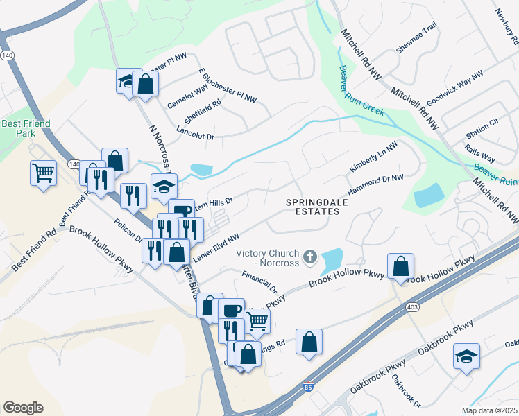 map of restaurants, bars, coffee shops, grocery stores, and more near 2100 Rockies Court Northwest in Norcross