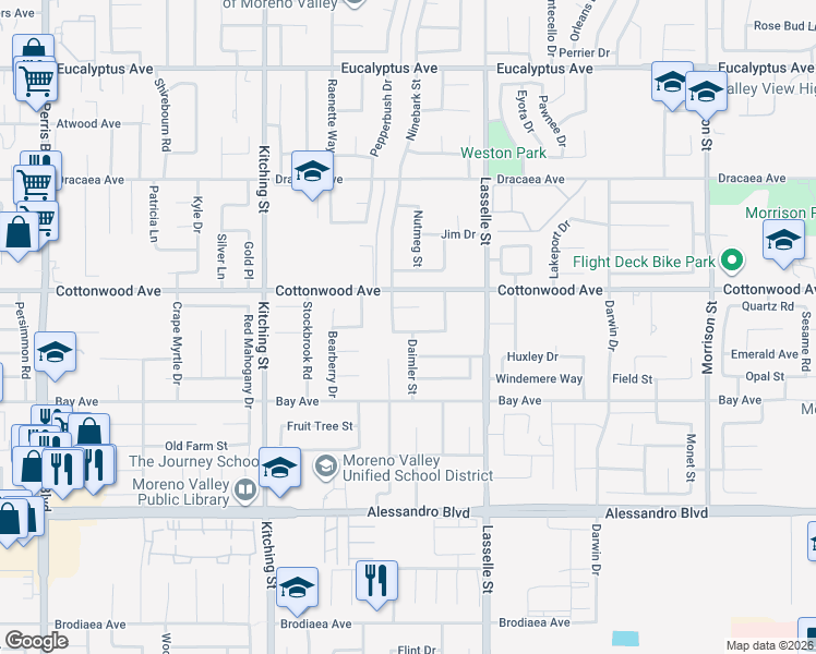 map of restaurants, bars, coffee shops, grocery stores, and more near 25823 Cayenne Court in Moreno Valley