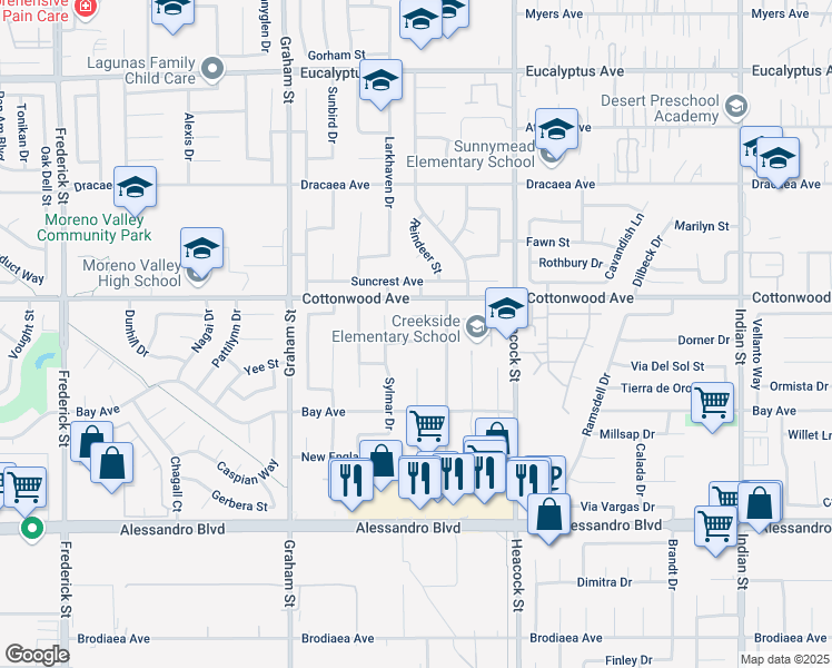 map of restaurants, bars, coffee shops, grocery stores, and more near 23796 Nanwood Drive in Moreno Valley