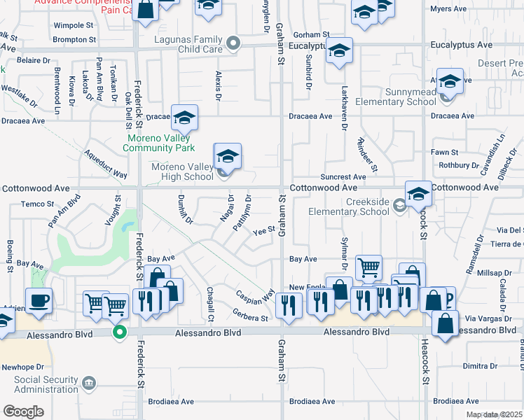 map of restaurants, bars, coffee shops, grocery stores, and more near 23437 Challis Court in Moreno Valley