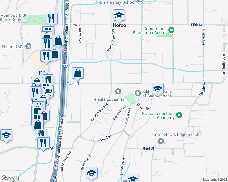 map of restaurants, bars, coffee shops, grocery stores, and more near 1260 4th Street in Norco