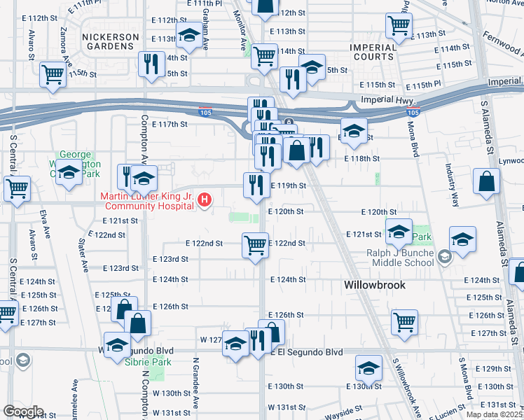 map of restaurants, bars, coffee shops, grocery stores, and more near in Willowbrook