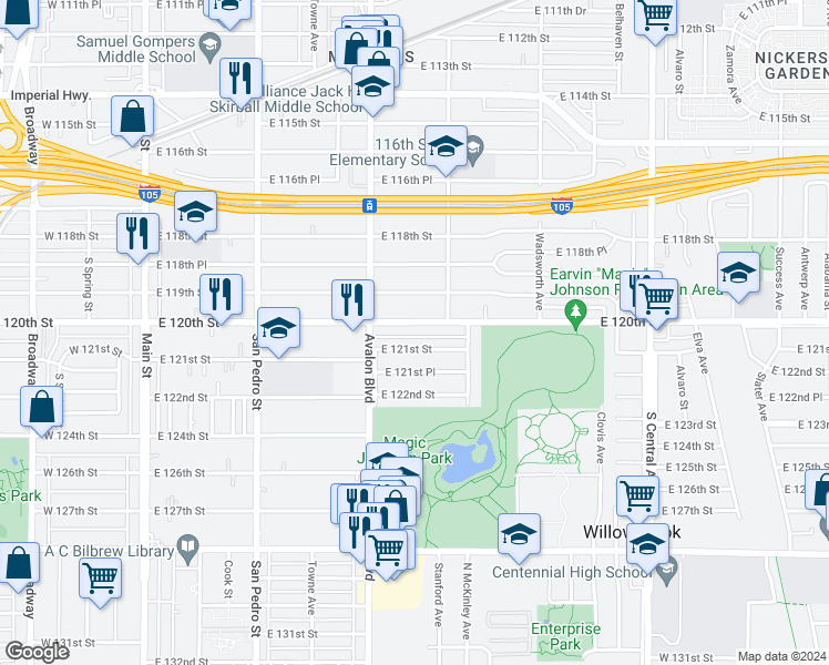 map of restaurants, bars, coffee shops, grocery stores, and more near 661 East 120th Street in Los Angeles