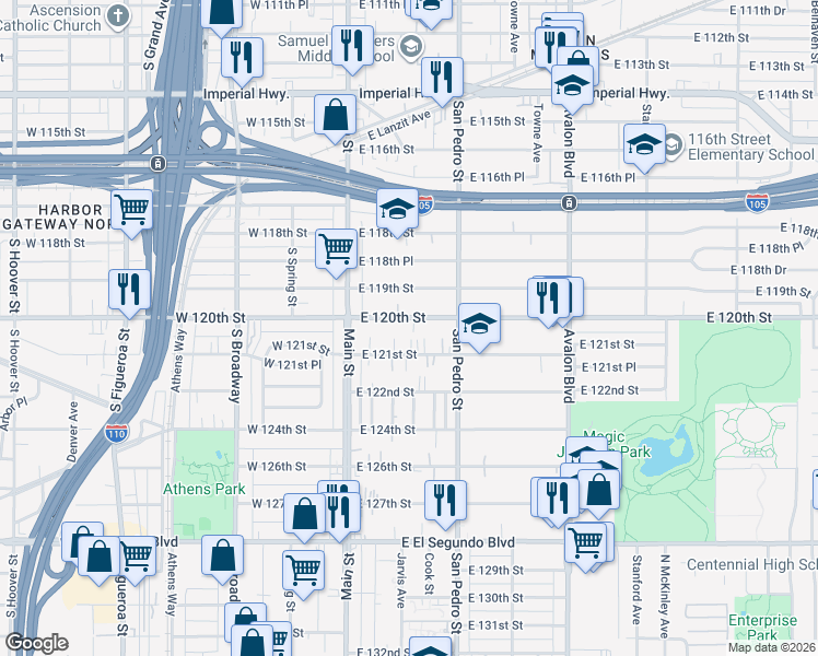 map of restaurants, bars, coffee shops, grocery stores, and more near 208 East 120th Street in Los Angeles