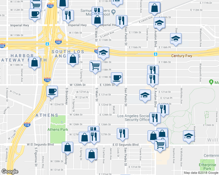 map of restaurants, bars, coffee shops, grocery stores, and more near 153 East 120th Street in Los Angeles