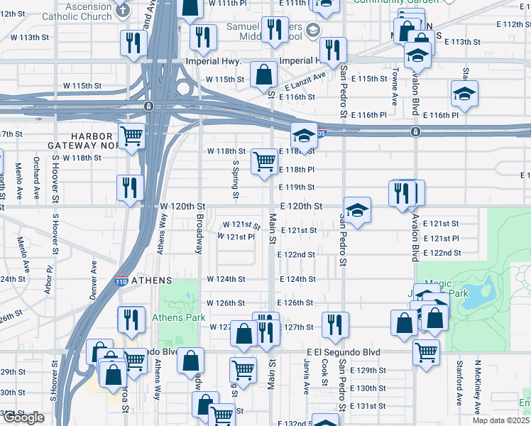 map of restaurants, bars, coffee shops, grocery stores, and more near 129 West 120th Street in Los Angeles