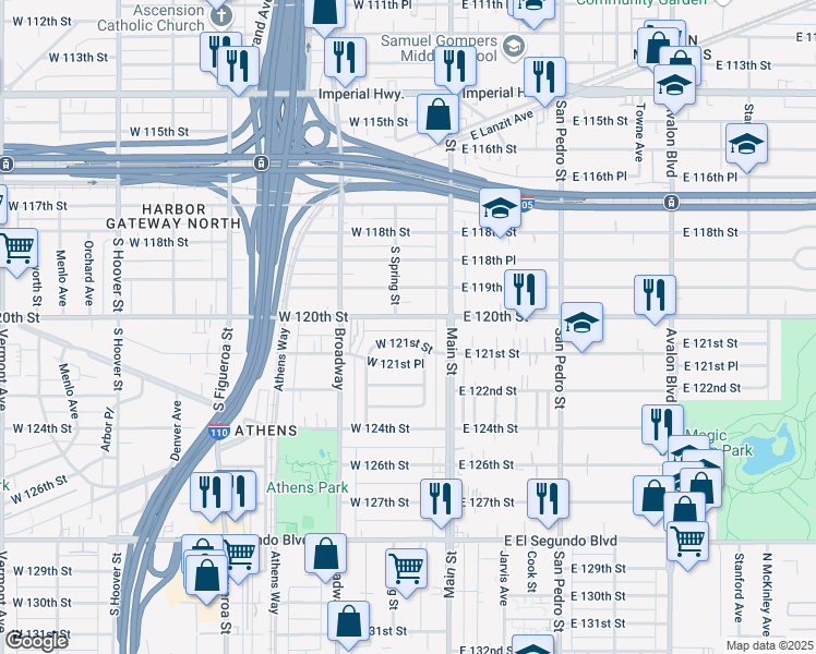 map of restaurants, bars, coffee shops, grocery stores, and more near 129 West 120th Street in Los Angeles