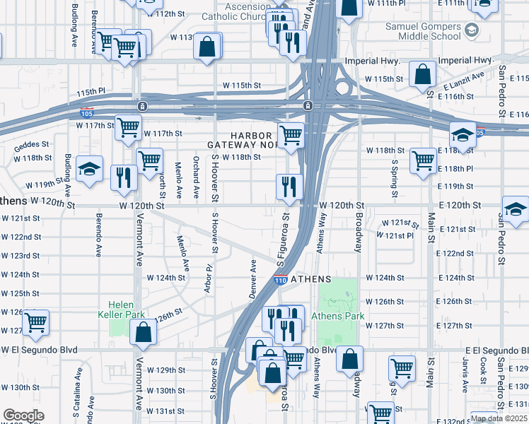 map of restaurants, bars, coffee shops, grocery stores, and more near 535 West 120th Street in Los Angeles