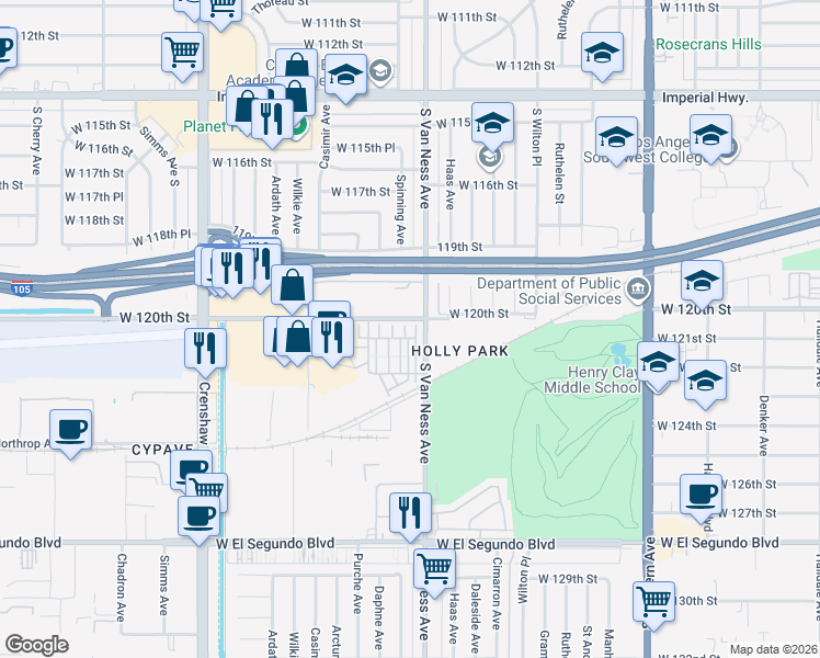map of restaurants, bars, coffee shops, grocery stores, and more near in Hawthorne