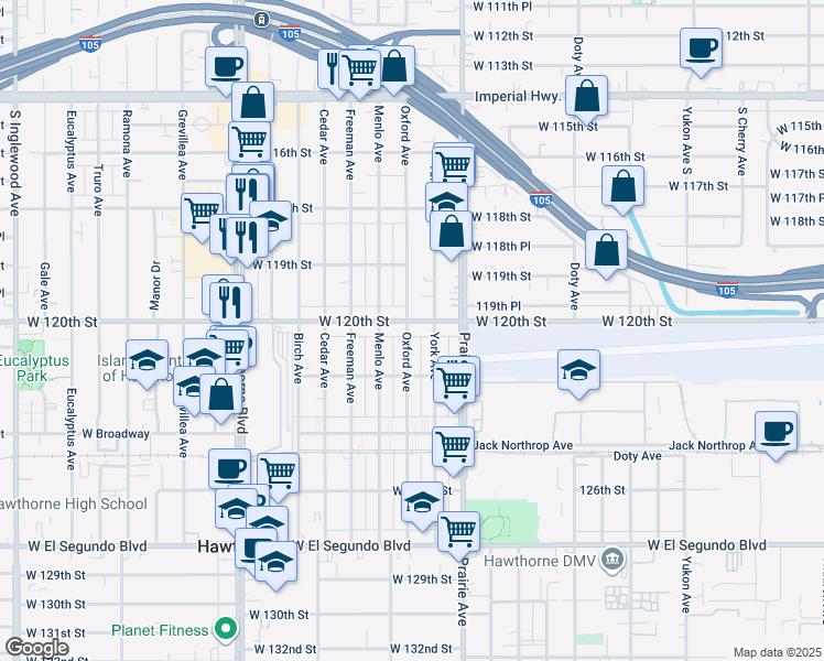 map of restaurants, bars, coffee shops, grocery stores, and more near 11981 York Avenue in Hawthorne