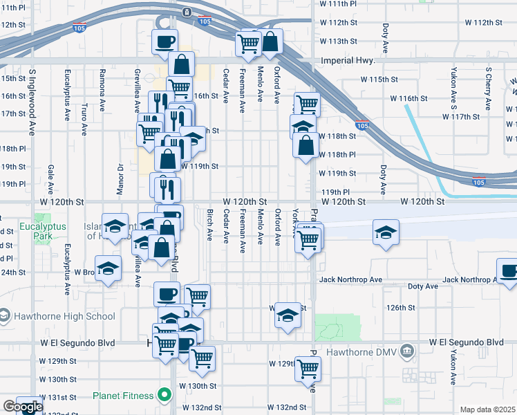 map of restaurants, bars, coffee shops, grocery stores, and more near 4141 West 120th Street in Hawthorne