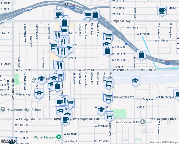 map of restaurants, bars, coffee shops, grocery stores, and more near 4141 West 120th Street in Hawthorne