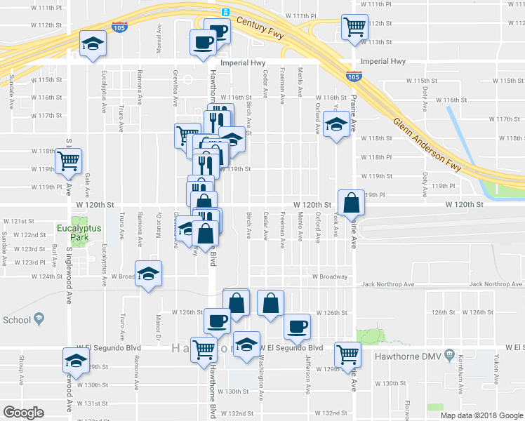 map of restaurants, bars, coffee shops, grocery stores, and more near 4277 West 120th Street in Hawthorne