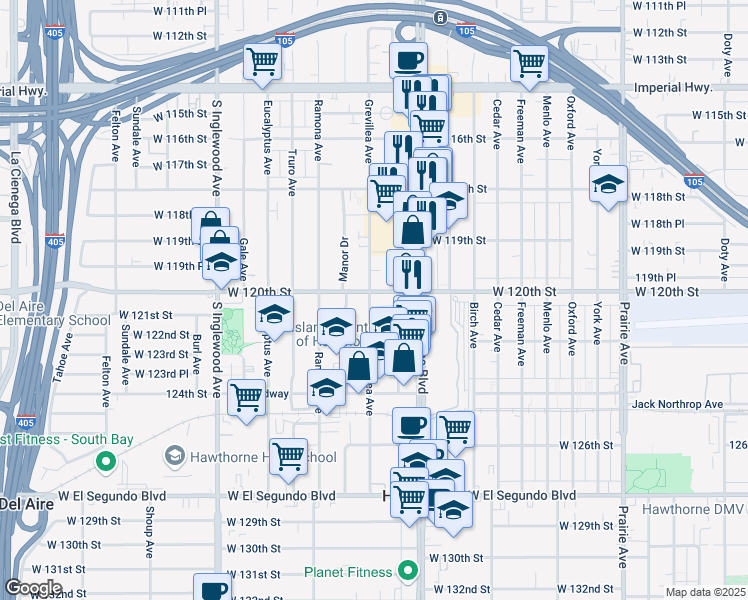 map of restaurants, bars, coffee shops, grocery stores, and more near 4467 West 120th Street in Hawthorne