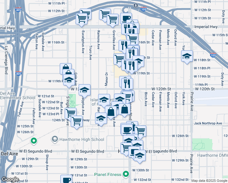 map of restaurants, bars, coffee shops, grocery stores, and more near 4467 West 120th Street in Hawthorne