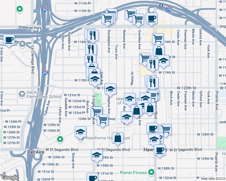 map of restaurants, bars, coffee shops, grocery stores, and more near 11982 Eucalyptus Avenue in Hawthorne