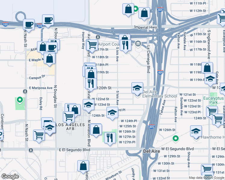 map of restaurants, bars, coffee shops, grocery stores, and more near 5431 West 120th Street in Inglewood