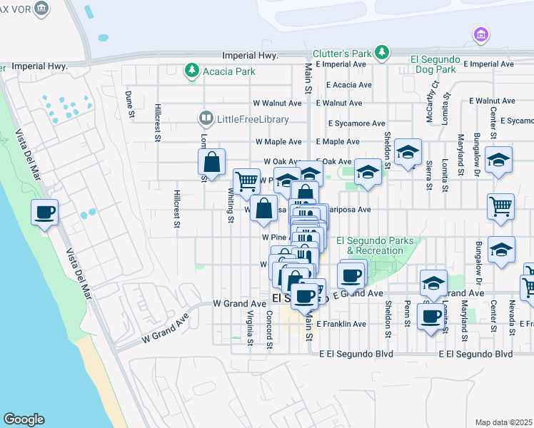 map of restaurants, bars, coffee shops, grocery stores, and more near 219 West Mariposa Avenue in El Segundo