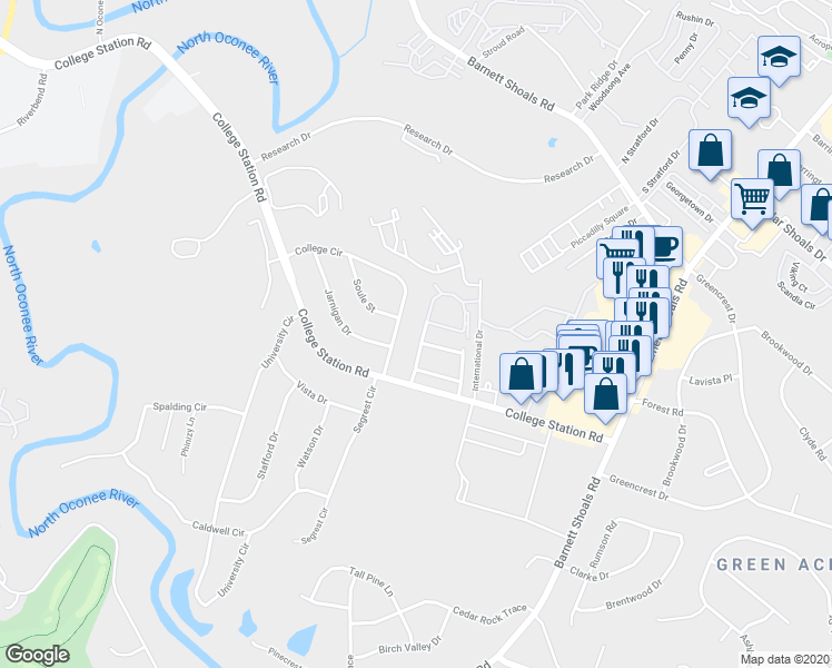 map of restaurants, bars, coffee shops, grocery stores, and more near 401 College Circle in Athens