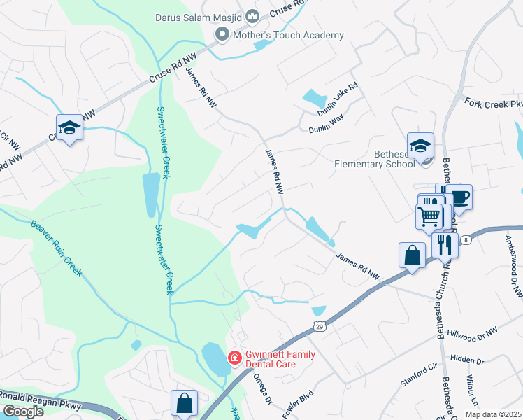 map of restaurants, bars, coffee shops, grocery stores, and more near 3240 Oaktree Park Drive Northwest in Lawrenceville