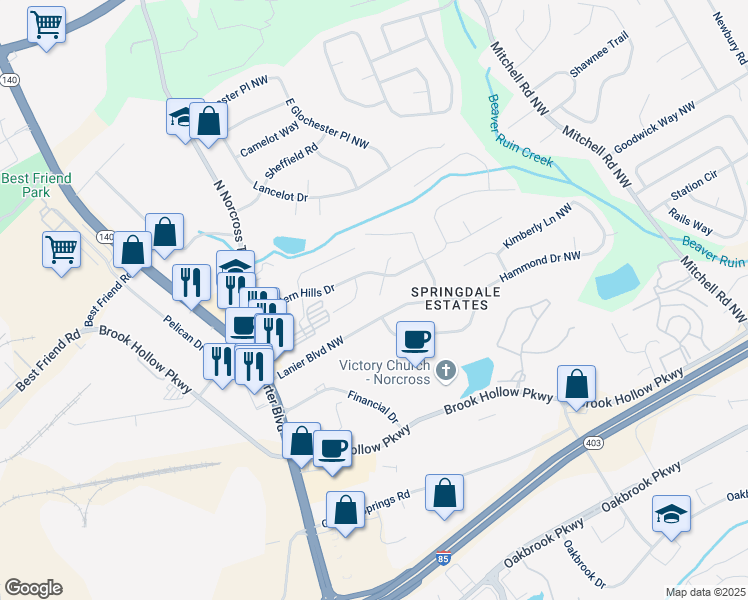 map of restaurants, bars, coffee shops, grocery stores, and more near 2100 Rockies Court Northwest in Norcross