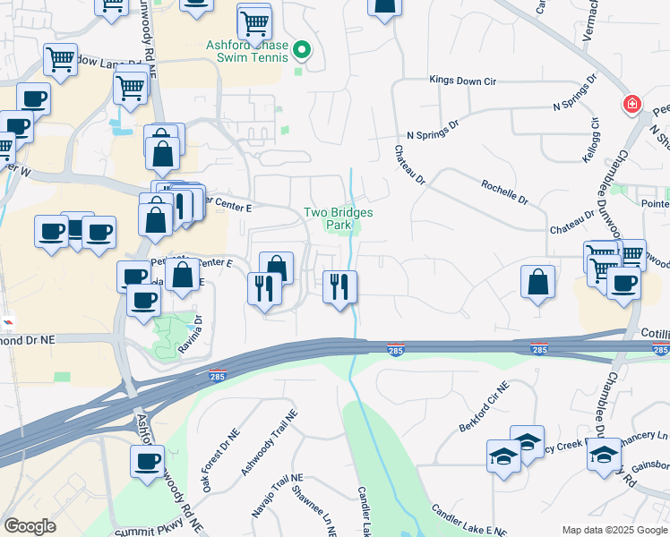 map of restaurants, bars, coffee shops, grocery stores, and more near 4074 Townsend lane in Dunwoody