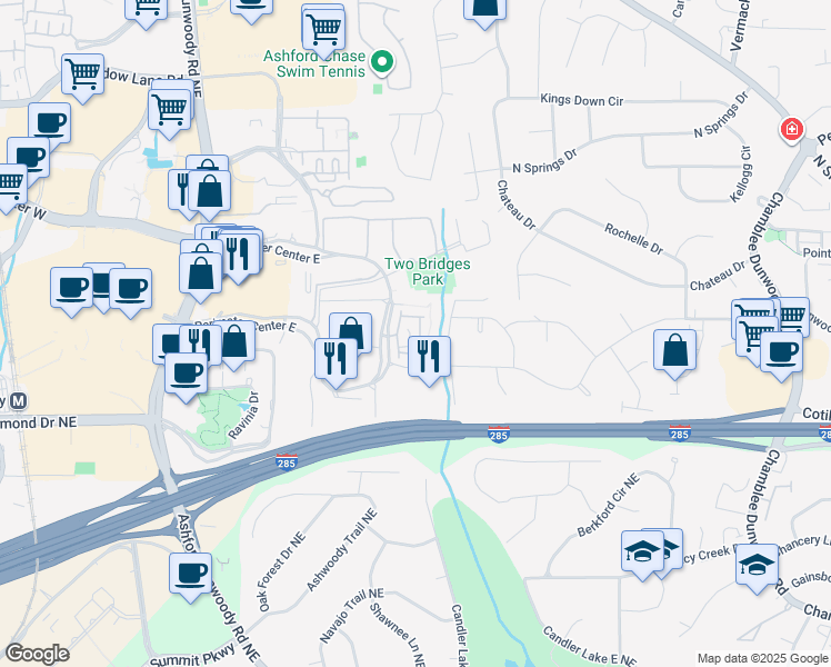 map of restaurants, bars, coffee shops, grocery stores, and more near 4074 Townsend lane in Dunwoody