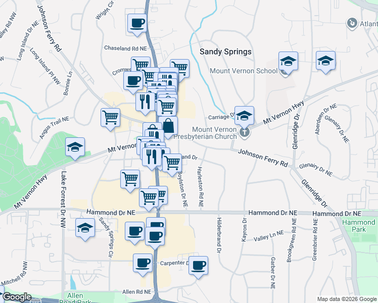 map of restaurants, bars, coffee shops, grocery stores, and more near 339 Johnson Ferry Road in Atlanta