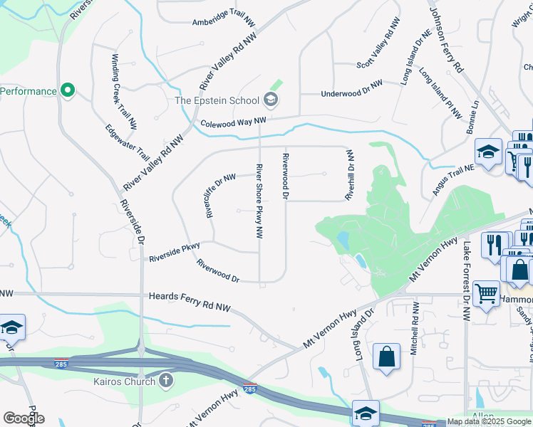 map of restaurants, bars, coffee shops, grocery stores, and more near 6175 River Shore Parkway Northwest in Atlanta