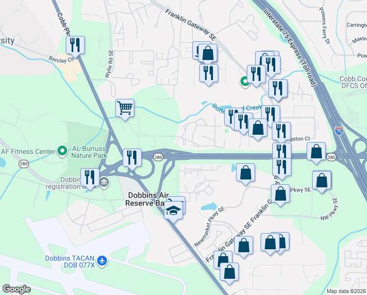 map of restaurants, bars, coffee shops, grocery stores, and more near 1814 Ashborough Road Southeast in Marietta